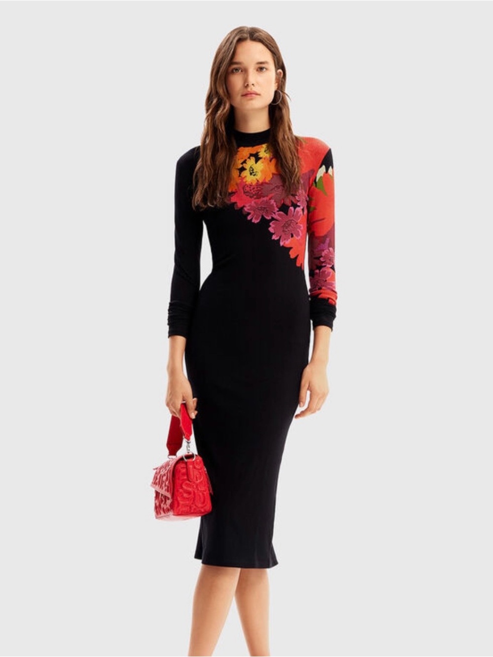 DESIGUAL NWT Black Floral Poppy Long Sleeve Midi Dress